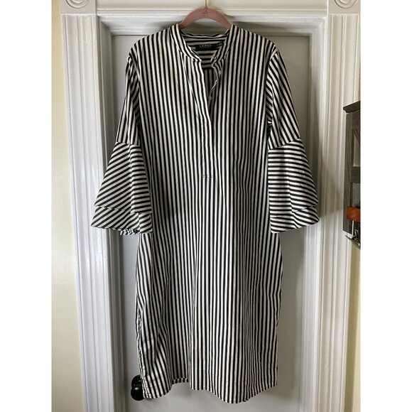 LAUREN Ralph Lauren Striped Bell-Sleeve Shirt Dress Size 14 - Picture 1 of 9